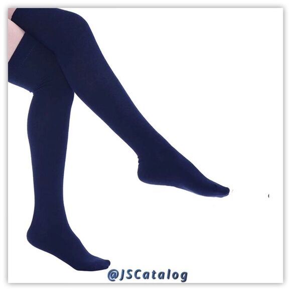 Solid Navy Cotton Thigh High Socks OS - Picture 5 of 6